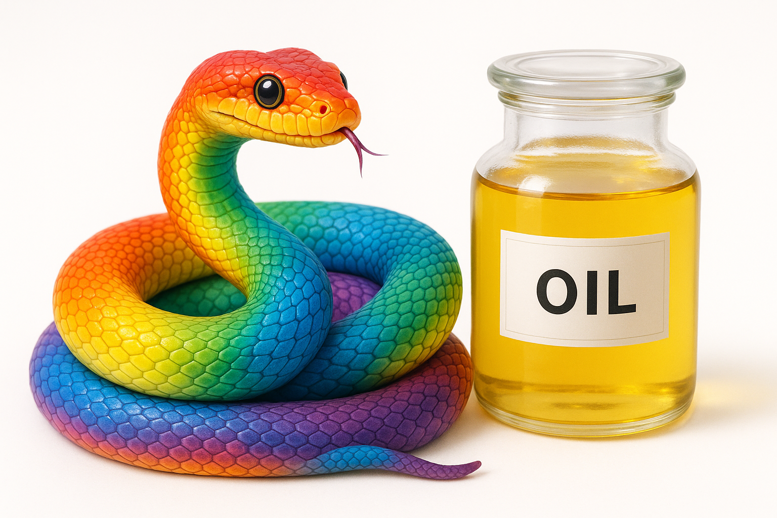 create a colorful snake with a jar thats labeled "OIL"